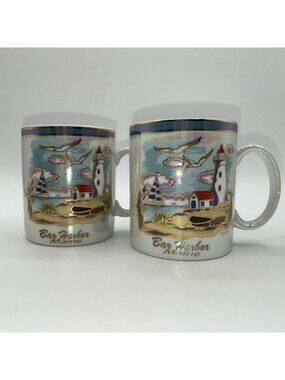 Bar Harbor Maine Souvenir Mug Pair Iridescent &Gold Trim Coffee Coastal Scene